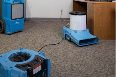 Dri-eaz blue dehumidifier, airmover, and air filter sitting on a carpet next to a desk. 