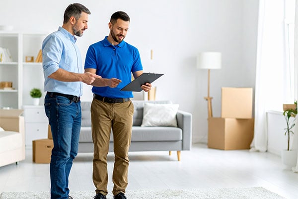 Two men in different shades of blue shits. They are in what looks like a living room and looking at a document. 