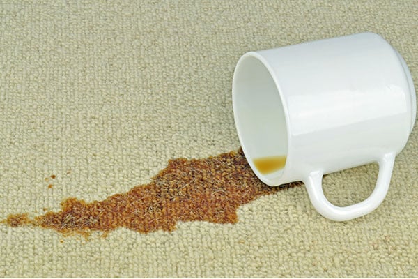White mug laying sideways on beige carpet with a coffee stain. 