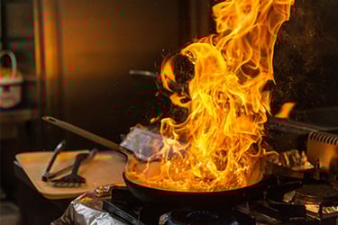 Large fire within a kitchen pan