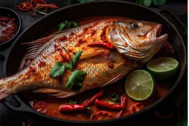 Dead fish ready to eat on a plate causing a potential odor in the air. 