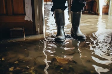 Image from knee down of a person wearing black rainboots walking through a flooded room. 