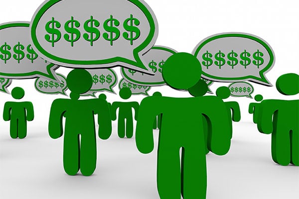 Multiple green stick figures with talking bubbles that have dollar signs in them. 