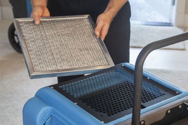 Person changing out dehumidifier filter on Legend Brands Dri-Eaz dehumidifier