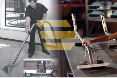 Three images superimposed over each other. One of a man using a dri-eaz extraction tool, a hand holding the extraction tool on a table, and a truck with a truckmount in it. A large Legend Brands logo over all of it. 